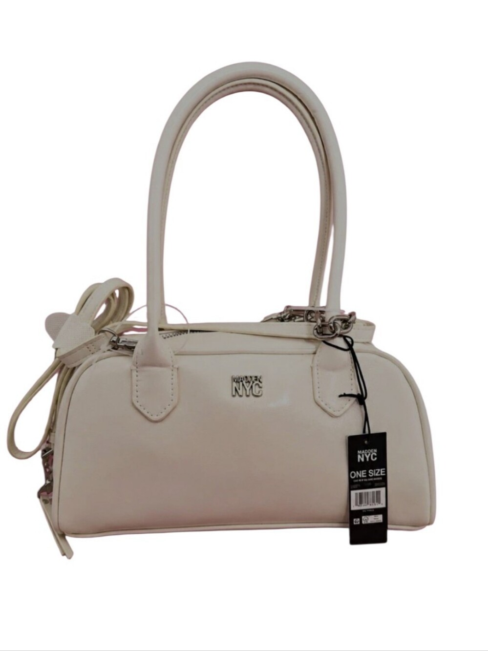 Madden NYC Women's East West Bowler Bag Cream Dome Satchel Bag with Heart Charm